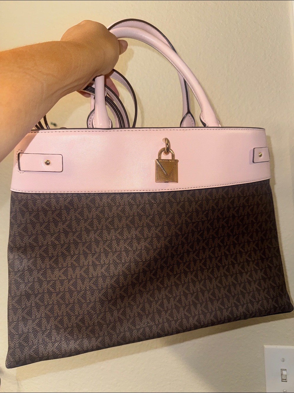 Designer-Inspired Brown & Pink Tote Bag with Padlock Detail